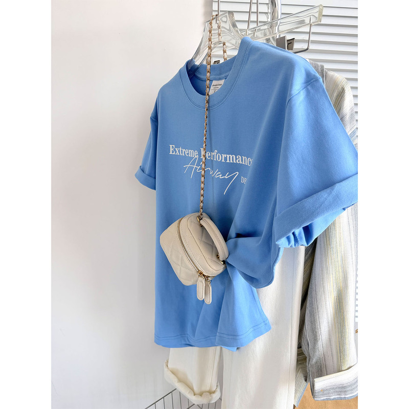 Cotton Top with Low Saturation Haze Blue Print Letters, Half-Sleeve, Lazy Style, Loose Fit, Slimming, High-End Feel Cotton Top with Low Saturation Haze Blue Print Letters, Half-Sleeve, Lazy Style, Loose Fit, Slimming, High-End Feel