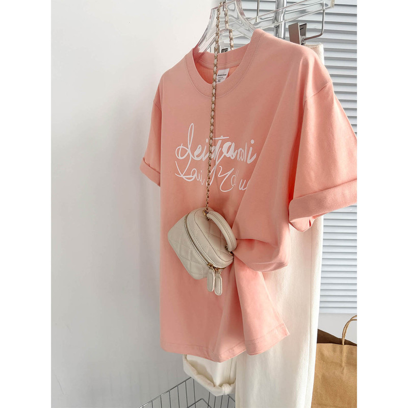 Summer Cinnamon Cream Pink Outfit 100% Cotton Korean Style Skin Pink Letter Print Short-Sleeve T-Shirt Slimming Top Summer Cinnamon Cream Pink Outfit 100% Cotton Korean Style Skin Pink Letter Print Short-Sleeve T-Shirt Slimming Top