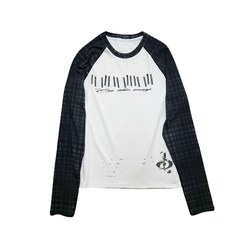 Wase Musical Note Plaid Retro Street Style Fitted Y2K Subculture Color-Blocking Positioning Print Raglan Long Sleeves Wase Musical Note Plaid Retro Street Style Fitted Y2K Subculture Color-Blocking Positioning Print Raglan Long Sleeves