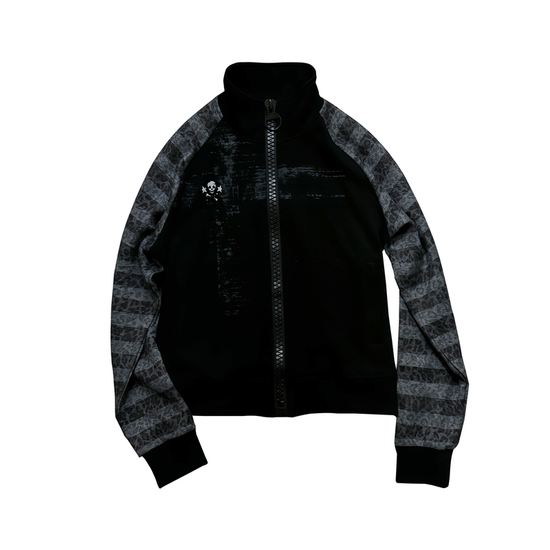 Wase* Original Large Zipper Cross Skull Print Leopard Print Raglan Fitted Stand Collar Light Short Jacket Wase* Original Large Zipper Cross Skull Print Leopard Print Raglan Fitted Stand Collar Light Short Jacket