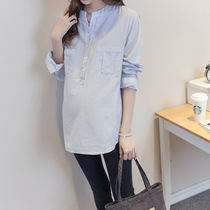 Spring and Autumn New Maternity Wear Korean Style Pocket Striped Maternity Shirt Stand Collar Fresh Literary Long Sleeve Top Large Size