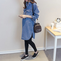 Spring and Autumn Maternity Wear New 2022 Maternity Shirts Denim Tops Maternity Denim Skirts Mid Length Loose Large Size