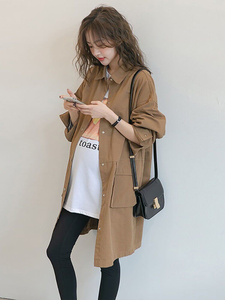 Spring and Autumn Maternity Clothes Korean Style Fashion Style Long-sleeved Shirt Mid-length Lapel Wind Lapel Jacket