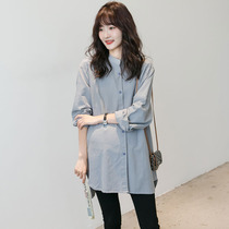 Spring and autumn new maternity wear Korean version stand-up collar shirt Western style age-reducing loose all-match maternity long-sleeved shirt jacket tide