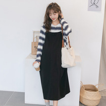 Autumn new maternity skirt loose large size cover belly does not show pregnant denim suspender skirt Western style mid-length denim skirt tide