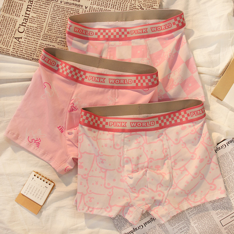 Pink Underwear for Men, Cute Pure Cotton Cartoon Boxer Briefs, Trendy Antibacterial Men's Pink Boxer Shorts