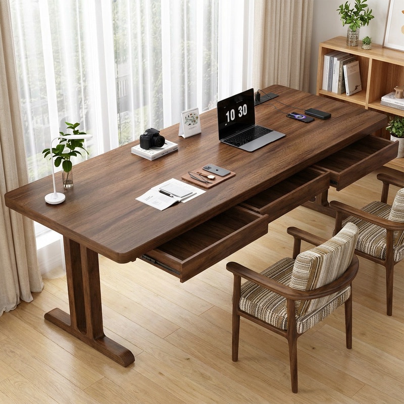 Solid Wood Desk with Drawers, Large Board Study Desk, Bedroom Bay Window Natural Wood Double Sofa Back Long Table Solid Wood Desk with Drawers, Large Board Study Desk, Bedroom Bay Window Natural Wood Double Sofa Back Long Table