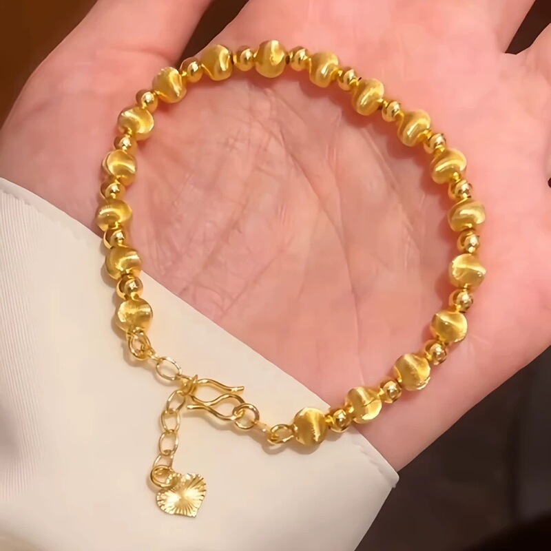 Gold-Plated Silver Bracelet with Ancient Brushed Cat's Eye Beads, High-End Feel, Lucky Beads, Valentine's Day Gift for Girlfriend