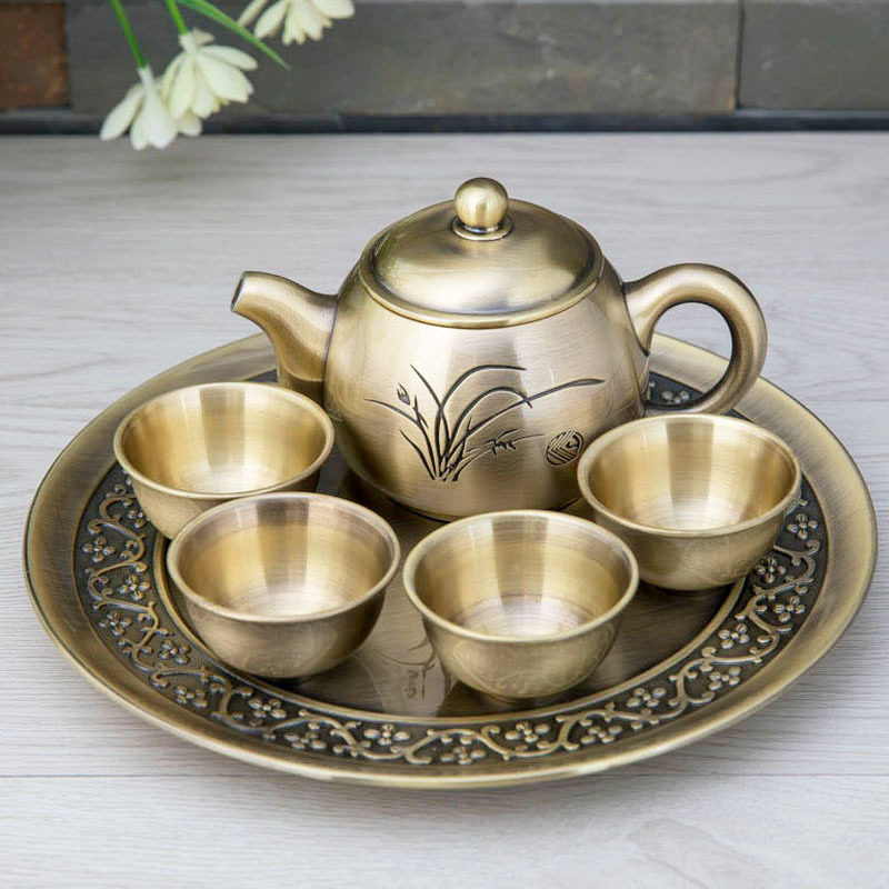 Bronze Classical Orchid Tea Set Teapot Cup Tray Set Business Gift Handicraft Ornament