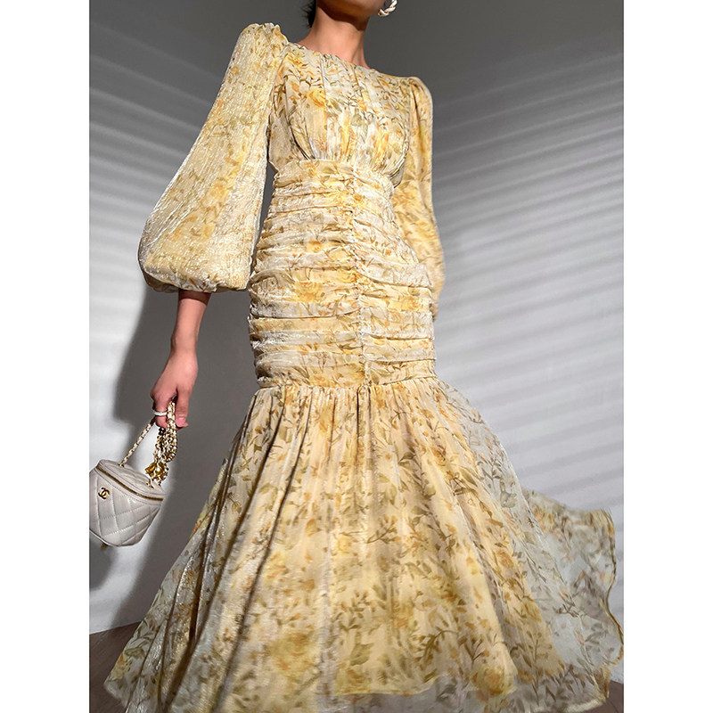 Aconiconi | French floral niche design sense dress early autumn new slim wrap hip fishtail midi skirt