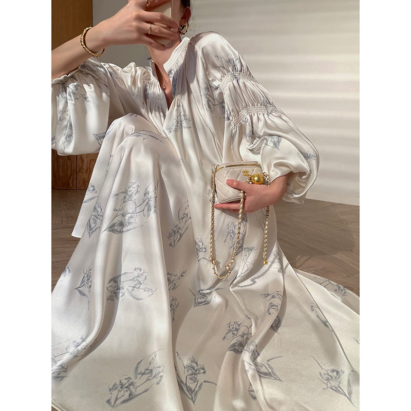 Aconiconi |-dyed printed imitation silk French dress autumn and winter loose waist niche design long skirt