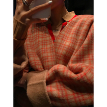 Aconiconi | imported all-wool all handmade double-sided tweed check coat autumn and winter contrast temperament short coat