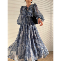 Aconiconi | French niche temperament elegant print dress early autumn waist thin gentle wind long skirt