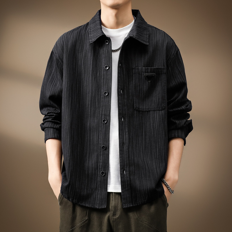Hong Kong High-End Autumn and Winter Japanese-Style Bamboo Texture Fleece-Lined Shirt Jacket Men's Loose Retro Work Shirt