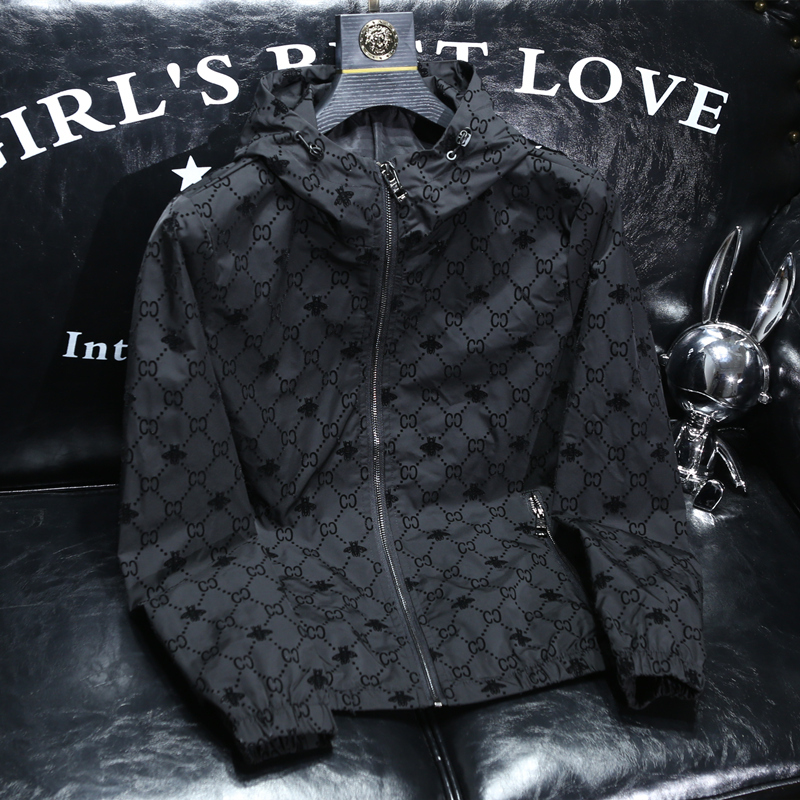 Little Bee Flocked Printed Jacket Men's European Station Slim Black Top Korean Style Slim Hooded Jacket for Men