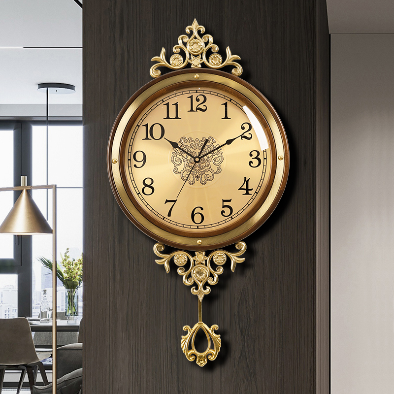 New Chinese walnut pure copper clock European wall clock home living room solid wood light luxury atmospheric brass hanging watch clock