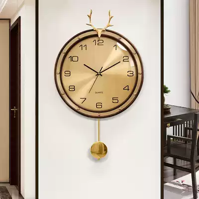 New Chinese style solid wood clock wall clock living room household quartz simple creative fashion bedroom atmospheric walnut clock