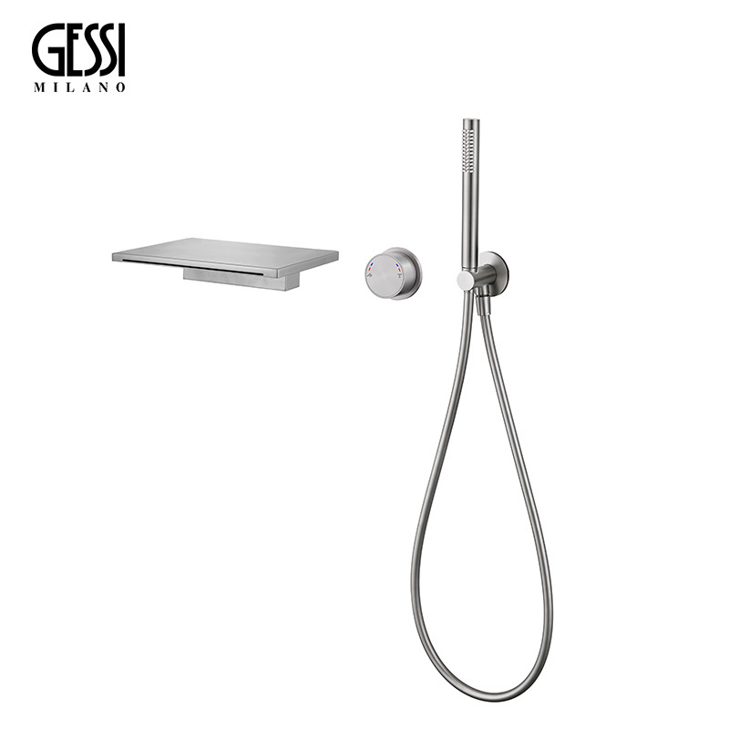 Italian Gessi Concealed Wall-Mounted Bathtub Faucet with Hot and Cold Water, Side Shelf, Brushed Nickel Waterfall Faucet Italian Gessi Concealed Wall-Mounted Bathtub Faucet with Hot and Cold Water, Side Shelf, Brushed Nickel Waterfall Faucet