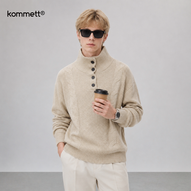Kommett Cable Knit Turtleneck Sweater for Men, Autumn and Winter Couple's Merino Wool Pullover with Buttons, Casual Knitwear