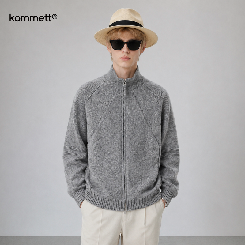 Kommett Stand-Up Collar Zipper Knit Cardigan for Men and Women, Spring and Autumn Trendy Brand, Lazy Style, Loose and Versatile Sweater Jacket