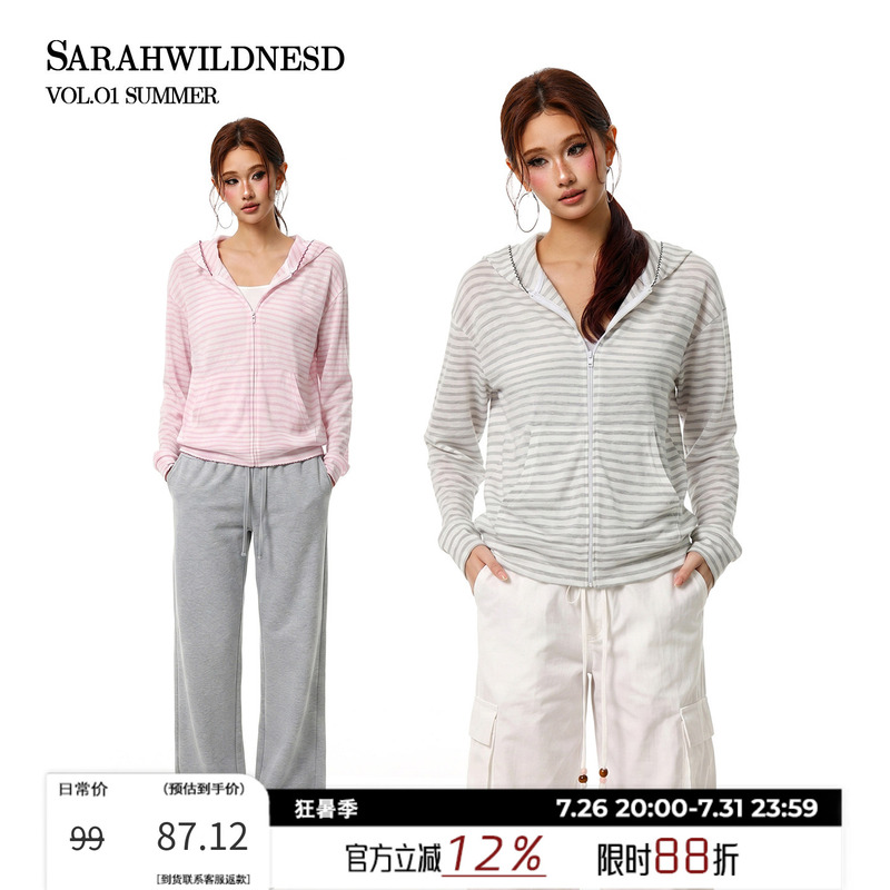 Sarahwildnesd American-Style Striped Long-Sleeve Thin Sun-Protective Jacket for Women, Summer Trendy Outerwear, Sports Hooded Top