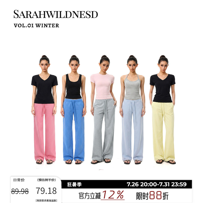 Sarahwildnesd American-Style Low-Waist Casual Sweatpants for Women, Summer Outerwear, Blue Straight-Leg Wide-Leg Loose Sports Pants