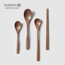 Large and small wooden spoon Japanese long handle solid wood soup spoon spoon Wooden dessert coffee handmade honey spoon Chopsticks seasoning
