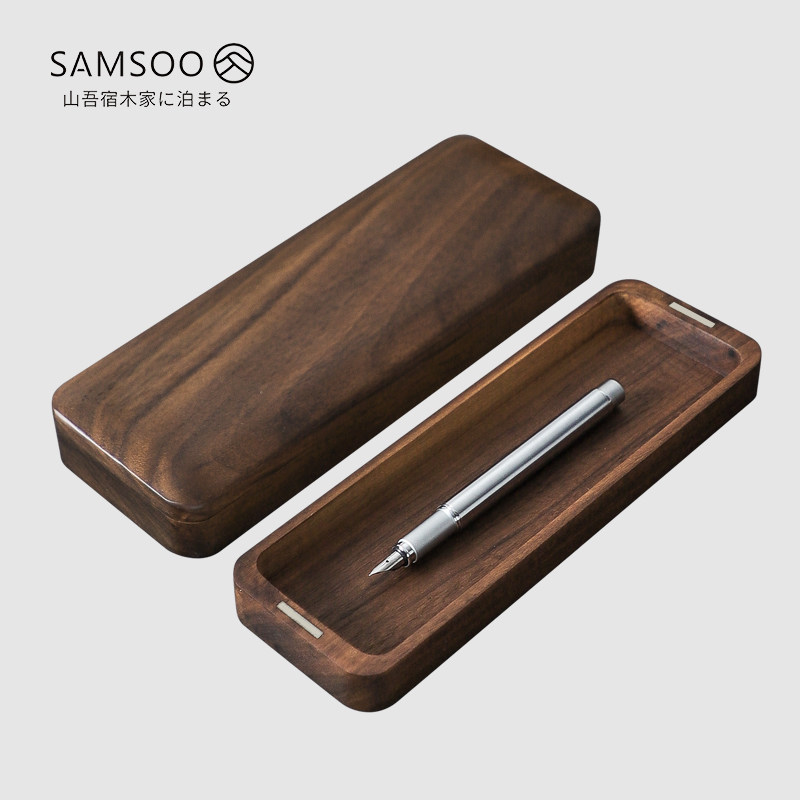 Wooden Japan-style pen box containing box solid wood minimalist lead pencil case gift black walnut wood retro business pencil case