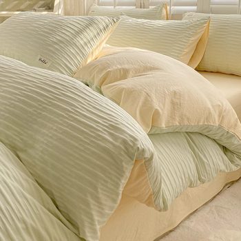 Solid color ins simple feng shui washing cotton bed four-piece set of bed cover simple sheets bubble yarn quilt cover small fresh style 4