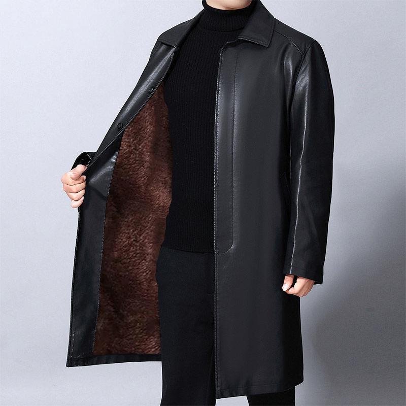 【Long Leather Coat】Men's Leather Jacket with a Turn-Down Collar, Trendy Mid-Length Leather Coat, Thickened Over-The-Knee Leather Jacket, Trendy