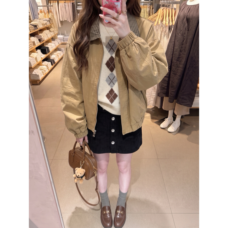 Lekeuu Autumn New Vintage Barn Style Color-Block Plaid Lapel Loose Workwear Jacket Cotton Coat