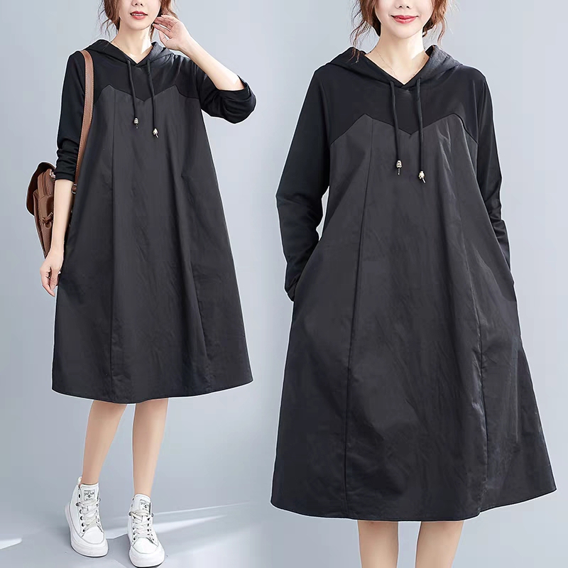 New Spring, Autumn and Winter Casual Loose Large Size Fashionable Patchwork Belly-Covering Slimming Hooded Mid-Length Long-Sleeved Dress New Spring, Autumn and Winter Casual Loose Large Size Fashionable Patchwork Belly-Covering Slimming Hooded Mid-Length Long-Sleeved Dress
