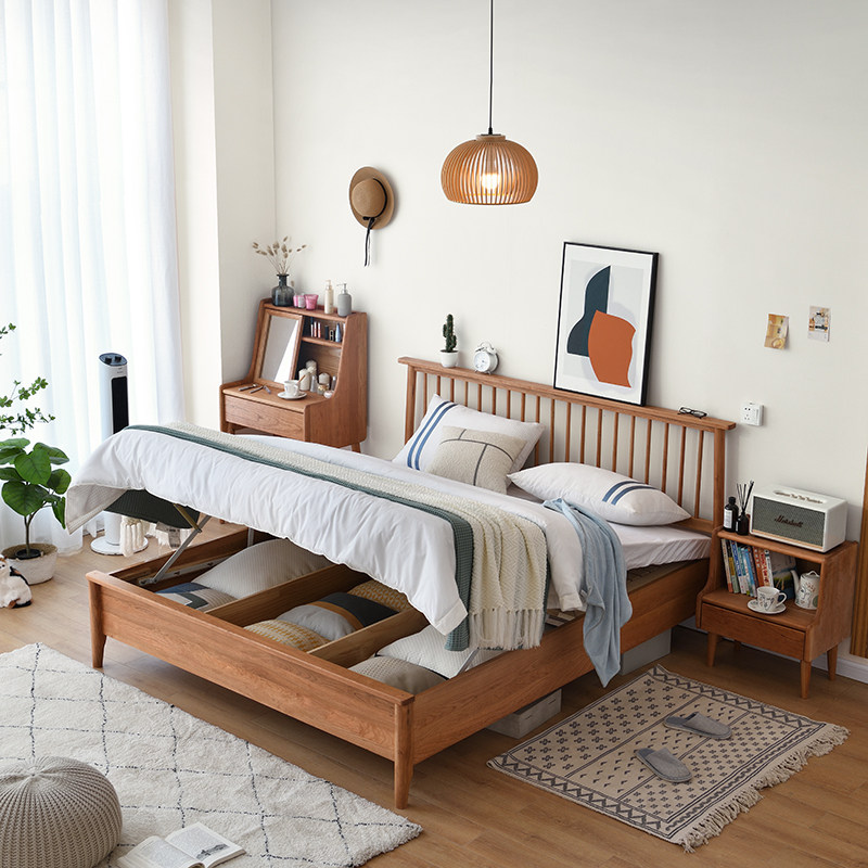 White wax cherry wood storage Nordic Windsor contained bed Japanese style full solid wood brief about 1 5 m 1 8m Double air pressure 