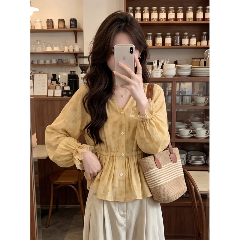 Yellow Dark Pattern Print Lantern Sleeve Drawstring Shirt for Women, Autumn Commuter V-Neck Embroidered Waist-Cinching Lace Trim Top