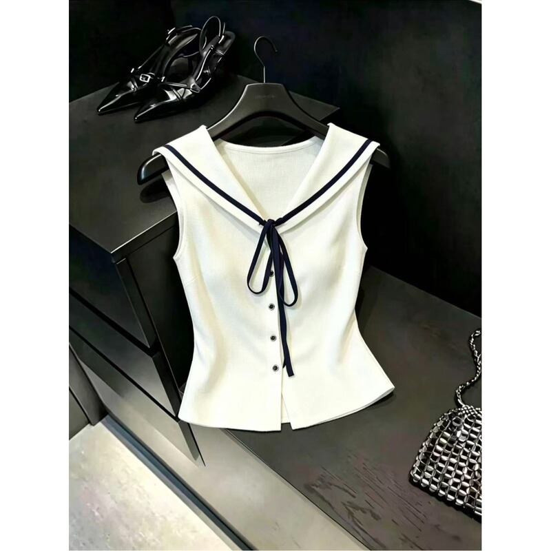 Nautical Style Navy Collar Ice Silk Vest for Women, Summer Korean Style Casual Slim Fit Design Sleeveless Top