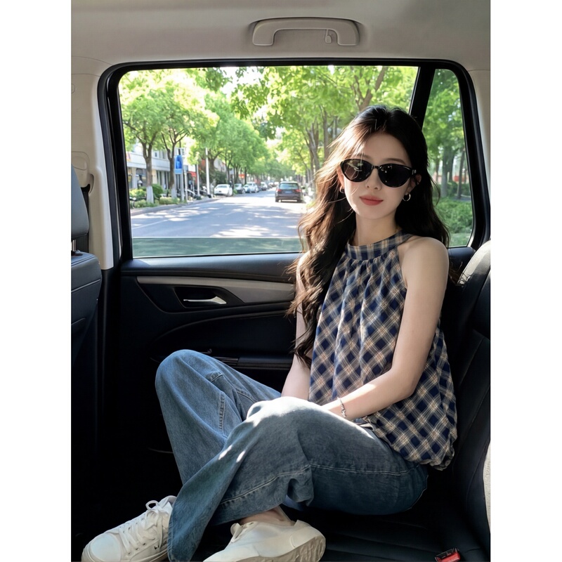 Blue Korean-Style Delicate Plaid Halter Neck Camisole Outerwear Women's Summer Fashionable and Youthful Sleeveless Top