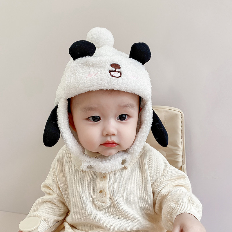 Baby hat autumn winter lamb suede male and female child care ear cap cute cartoon puppy baby warm cover headcap tide