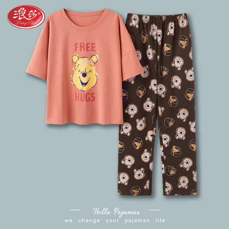 Romansa Short Sleeve Long Pants Pyjamas Woman Summer Pure Cotton Two-piece Suit Thin cute student Cubs Home Costume Spring Summer