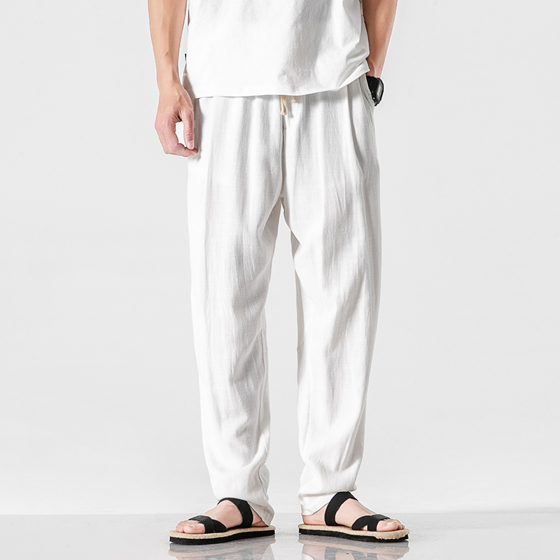 Chinese style linen pants Men's straight large size loose cotton and hemp casual pants Summer thin section Harun wide leg pants