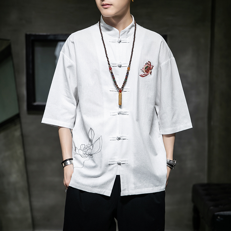 Chinese wind linen shirt male short sleeve T-shirt Summer embroidered upright collar large size shirt thin tea suit Residence Conserved Tide