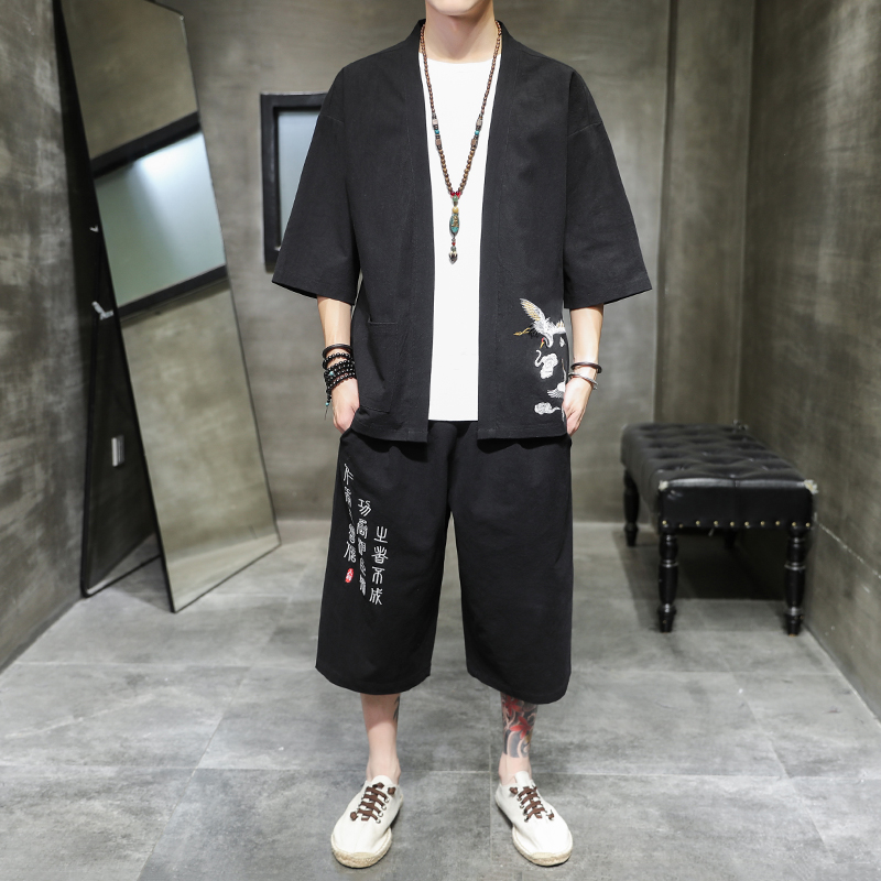 Chinese style thin linen suit summer clothes embroidered two pieces of clothes embroidered by Chinese wind cotton and retro-style Chinese style