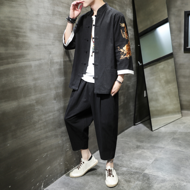 China Wind Men's Clothing Summer Suit Embroidery Don Fashion Men's Tide Cards Loose Retro Two Sets Ethnic Wind Hanfu Set