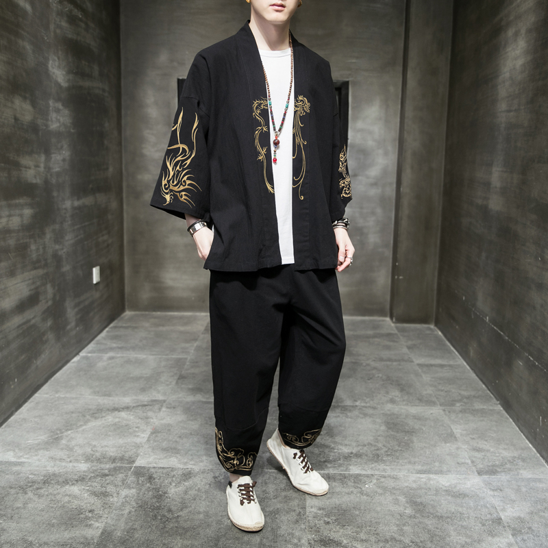 China Wind Men's Clothing Fall Suit Men's Size Retro Embroidered Tangles and Tang Costume Gown Clothes Hanfu clothes linen Two sets