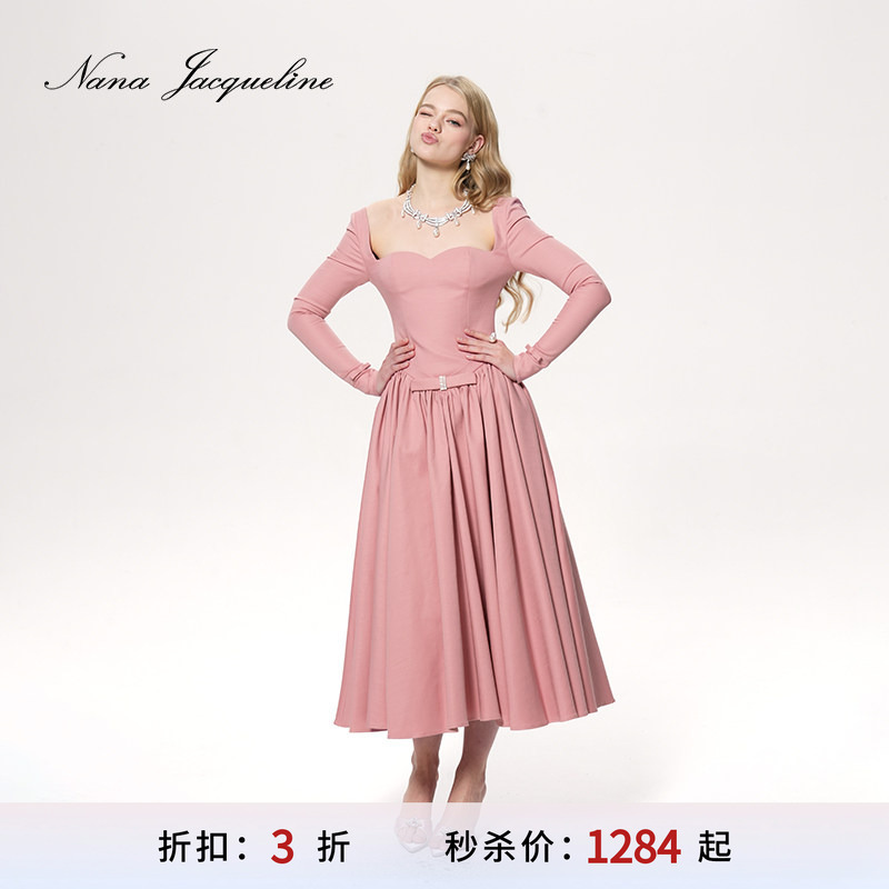 [Selected 70% off] Nanajacqueline Heavy-Duty Bow-Knot Long-Sleeve Dress High-Stretch Bamboo Texture Formal Dress