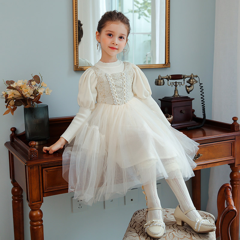 Girl Little Fragmentary Dress Autumn Winter Sweater Dress Princess Dress White-tempered Yarn Puffy Dress