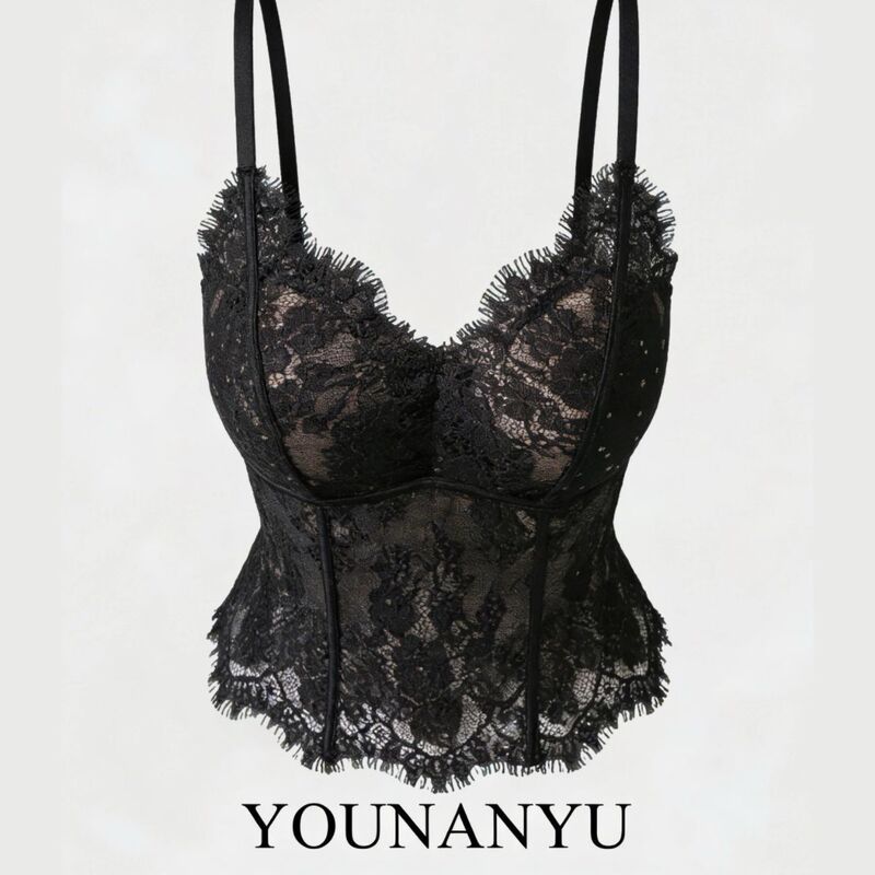 French-Style V-Neck Black Eyelash Lace Camisole for Women with Built-In Bra Pads, Sexy and Beautiful Back, Perfect for Wearing Outside