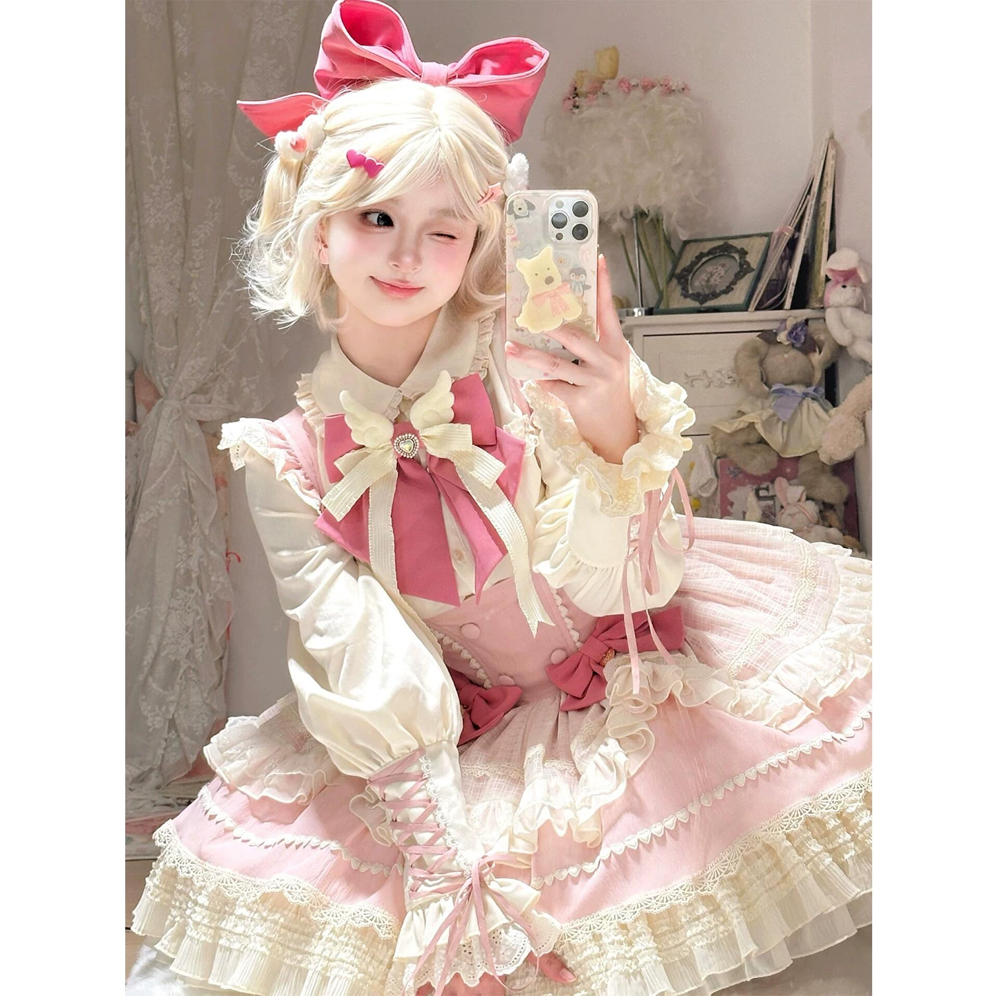 Очаровательный фуксия длинный рукав, комплект, косплей, стиль Лолита, Lolita Jsk