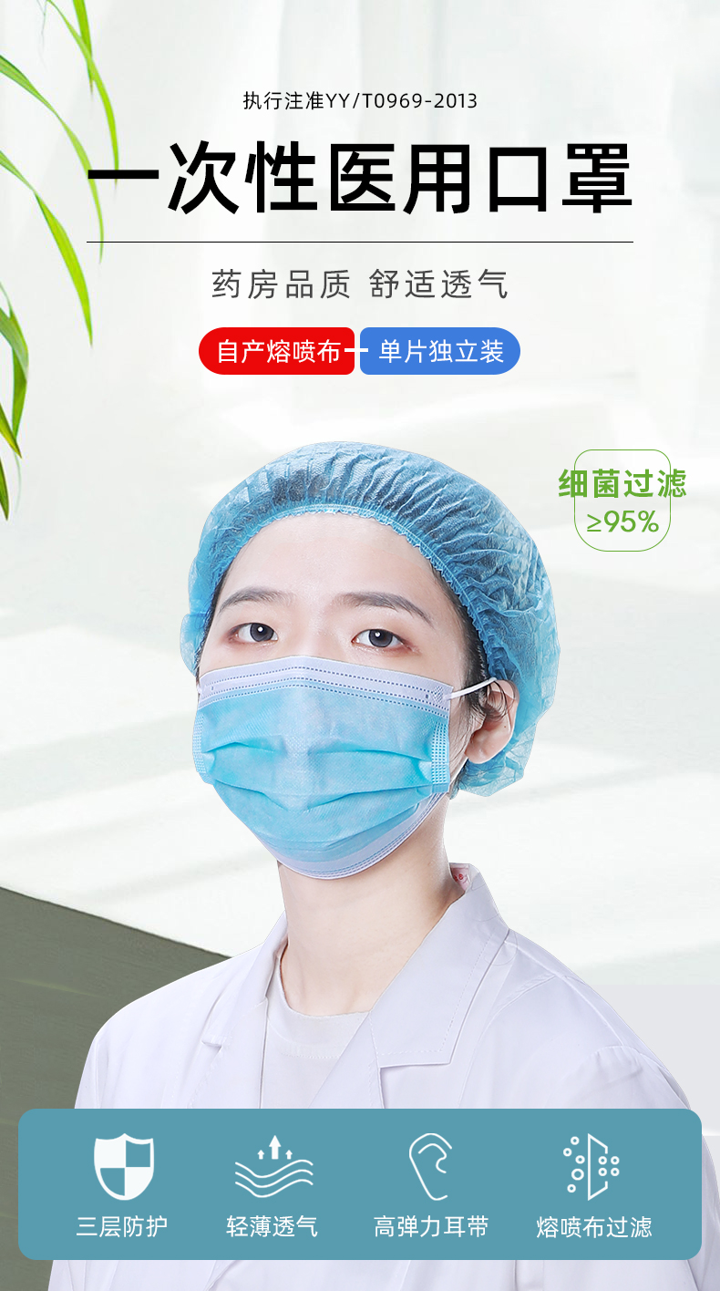 海程 一次性三层防护医用口罩 40只 图1