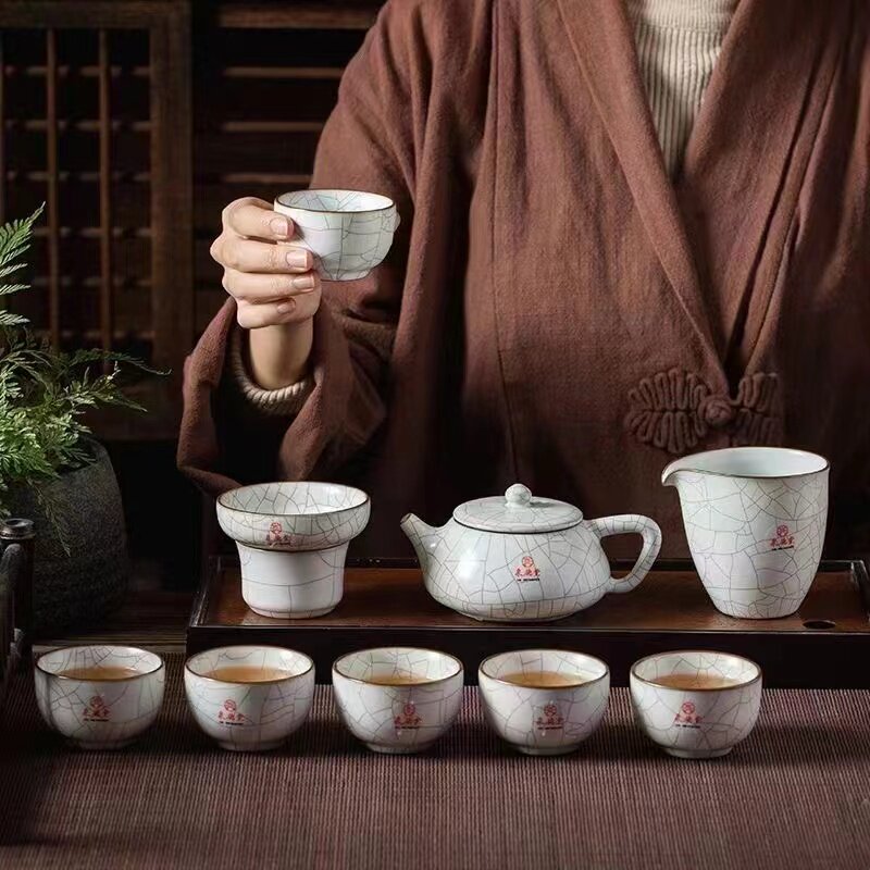 Tea House Penthouse Spring Deutang Ceramic Ru Kiln Tea Set Complete of Ice Cracked Open Pieces Courtesy box Gongfu tea with moon white retro wind-Taobao