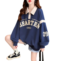 Hong Kong chic college style polo shirt sweatshirt for women spring and autumn 2023 new loose Korean style lapel top jacket